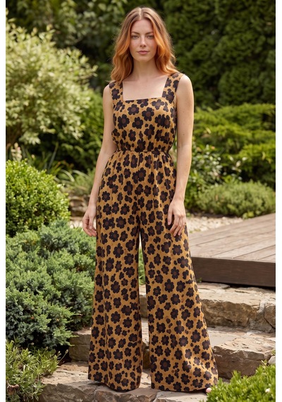 Soulshae Desenli Kare Yaka Geniş Paça Tulum Leopar