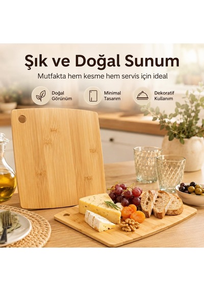 Bambu Kesme Tahtası 2'li Set - Doğal Ahşap Kesme Ve Sunum Tahtası - Büyük Küçük Boy - Bıçak Dostu Yüzey - As Diğer
