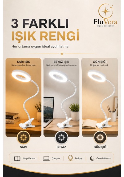 Usb Led Halka Masa Lambası 3 Renk Işık 360 Esnek Gövde Mandallı Klipsli Çalışma Okuma Makyaj Lambası Beyaz