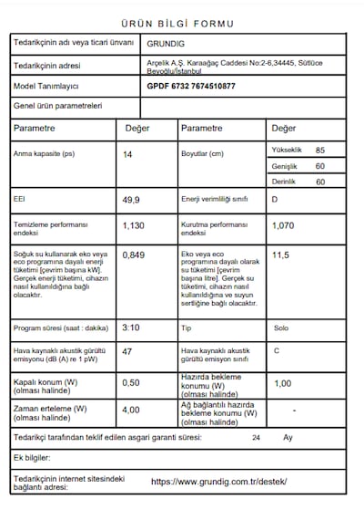 Grundıg GPDF 6732 14 Kişilik 6 Programlı Bulaşık Makinesi Beyaz