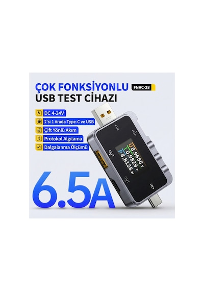 Fnrsı Fnac-28 2'si 1 Arada Tip-c Usb Test Cihazı Dijital Voltmetre Ampermetre