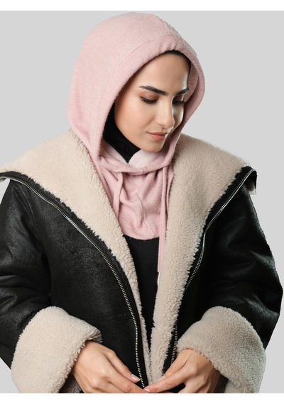 Hürrem Bone Pudra Bağcıklı Peluş Salaş Balaklava Boyunluklu Bere Jakar Düz 2328 06 Pudra