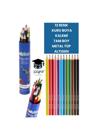 Türk Malı 12 Renk Kuru Boya Kalemi Metal Tüp Altıgen Çok Renkli