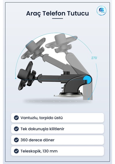Araç Telefon Tutucu Torpido Üstü Vantuzlu Teleskopik Dönebilen Te