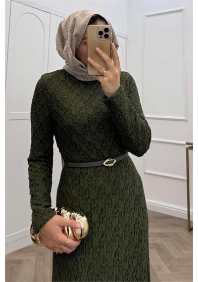 Neşeli Butik Kadın Yeşil Dantel Kumaş Maxi Boy Tesettür Elbise
