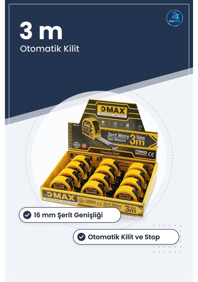Çelik Şerit Metre 3 M 16 Mm Otomatik Kilitli Stoplu Hırdavat Ev T