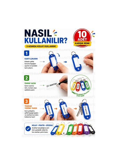 10 Adet Karışık Renk Plastik Anahtarlık Etiketi Yazılabilir İsimlik Anahtar Etiketi Metal Halkalı Bo