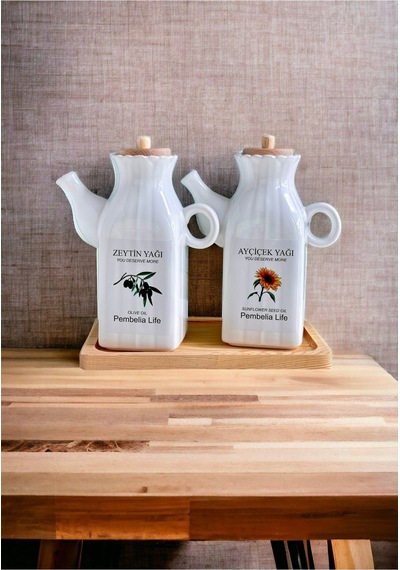 Bambu Standlı Etiketli Kare 2 Li Porselen 1000 Ml Yağdanlık Seti Yağlık Takımı Beyaz 610589906 Beyaz