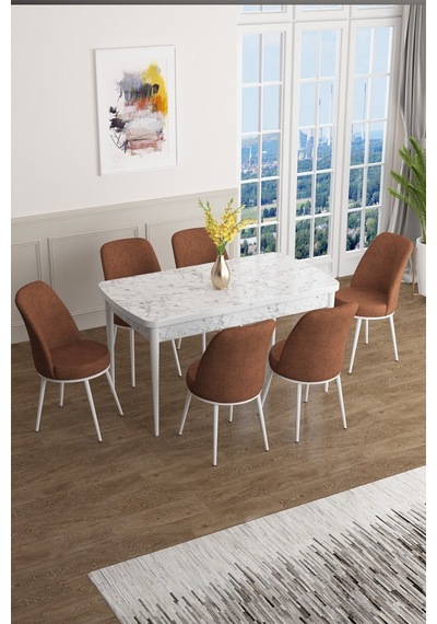Canisa Han Serisi, Beyaz Mermer Desen 70x114 Açılabilir Mdf Mutfak Masa Takımı, 6 Kiremit Sandalye Masa Beyaz Mermer Desen Sandalye Kiremit Canisa Han Serisi, Beyaz Mermer Desen 70x114 Açılabilir Mdf Mutfak Masa Takımı, 6 Kiremit Sandalye Masa Beyaz Mermer Desen Sandalye Kiremit