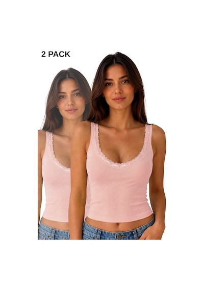 Sensu Kadın Dantel Askılı 2'li Viskon Crop Pembe