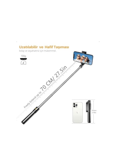 Bluetooth Uzaktan Kumandalı Tripodlu Selfie Çubuğu Paslanmaz Çelik Gövde, 70 Cm Uzayabilir, İos & Android Uy Diğer
