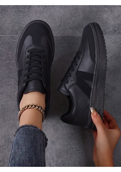 Kadın Sneaker Yüksek Taban Ortopedik Bağcıklı Spor Ayakkabı Retro Siyah 011