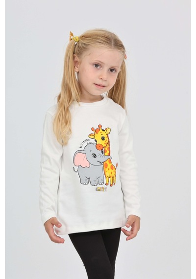 Toontoy Kız Çocuk Zürafa Fil Baskılı Sweatshirt Ekru