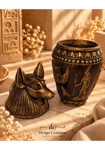 Anubis Antik Mısır Temalı Dekoratif Vazo El Yapımı Bronz Altın Görünümlü Biblo