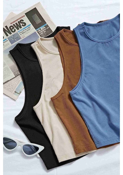 Merry See Tek Renk 1 Adet Kadın Kolsuz Örme Kumaş Bluz Crop Krem 001