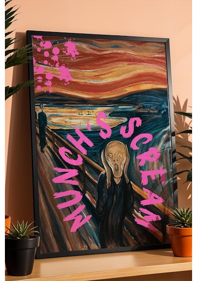Edvard Munch The Scream Çığlık Çerçeveli Tablo Pembe Boya Sıçramalı İkonik Klasik Sanat Tablosu Altered Art