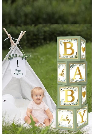 Küf Yeşili Temalı Baby Shower Set Adaçayı Baby Kutu, Ayıcık Folyo Ve Lateks Balon Set Yeşil
