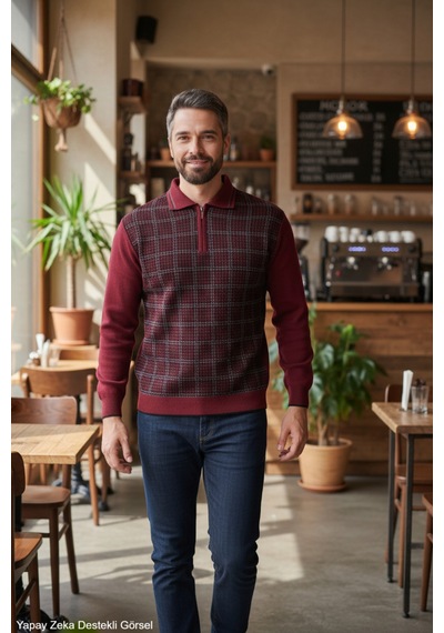 Kamalı Erkek Bordo Tüylenme Yapmayan Standart Fit Normal Kesim Kazayağı Desen Polo Yaka Triko Kazak