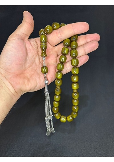 Sevgiliye Özel Hediye Çubuk Kehribar Tesbih Yeşil Renk Kapsül Kesim 13mmx14,5mm H-1619.