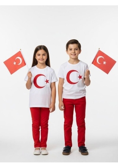 Zekids Çocuk Ay Yıldız Baskılı Yarım Kollu T-shirt-17206 Beyaz