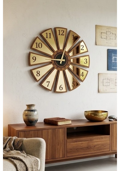 Dekoratif Ahşap Duvar Saati Parçalı Tasarım Modern Duvar Saati Sessiz Mekanizmalı 30x30cm Ahşap - Altın