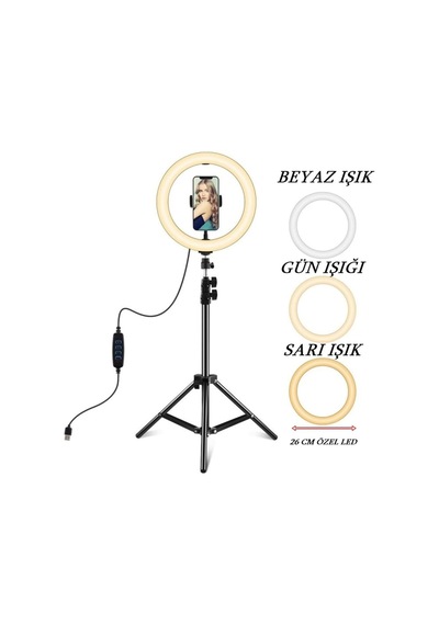 10 Inç Ring Light 3 Renk Işıklı Youtuber Led Işıklı 2.1 Metre Tripod Selfie Makyaj Işığı Çok Renkli