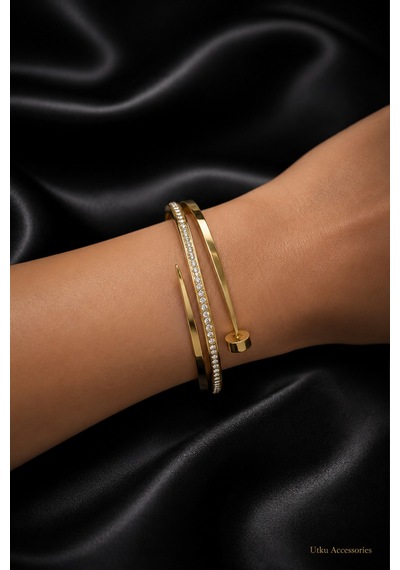 Stainless Steel Gold Taşlı Kelepçeli Çelik Bileklik Altın 76283143