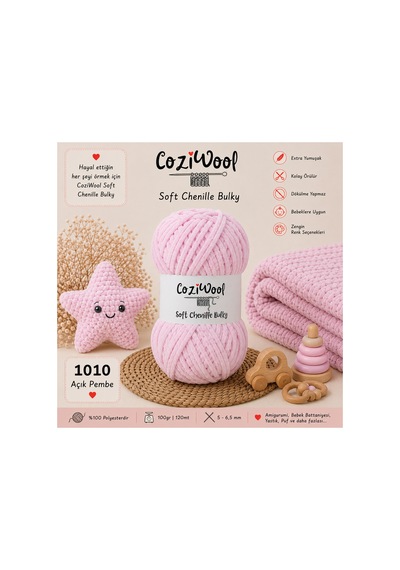 Kadife El Örgü İpliği Soft Chenille Bulky 5'li Paket, 5x100 Gr. 120 Mt. %100 Mikro Polyester Açık Pembe - 875823131