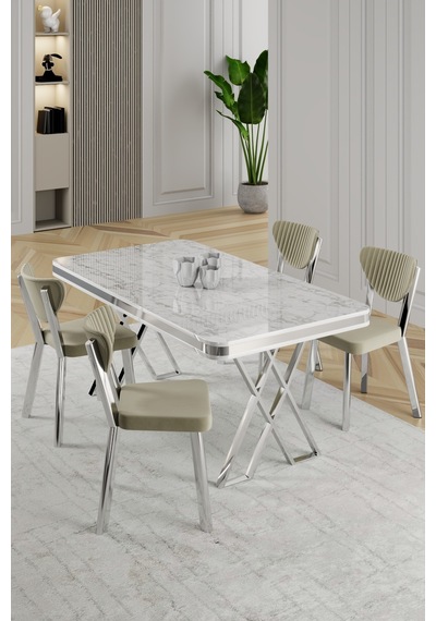 Raja Serisi 80x130 Lak Panel Beyaz Mermer Desen Masa Takımı Krom Ayaklı 4 Sandalye Beyaz Mermer Masa Krem Sandalye Raja Serisi 80x130 Lak Panel Beyaz Mermer Desen Masa Takımı Krom Ayaklı 4 Sandalye Beyaz Mermer Masa Krem Sandalye