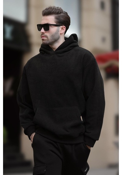 Madmext Siyah Kapüşonlu Cep Detaylı Polar Erkek Sweatshirt 7093 Siyah