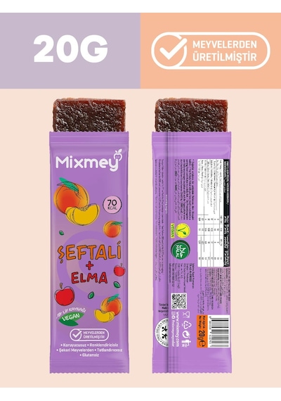 Mixmey Şeftali Meyve Barı 24 Adet | Atıştırmalıklar – Vegan, Glutensiz, Koruyucusuz 20gr X 24 Adet