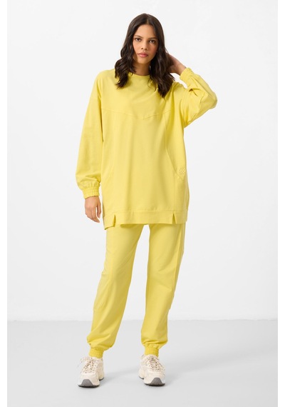 Limon O Yaka Basic Oversize Kadın Eşofman Tunik Takım - 95347 Sarı