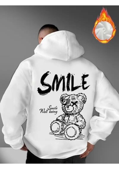 Nevermind Unisex Oversize Smile Yazılı Hoodie Trend Streetwear Kapüşonlu Beyaz