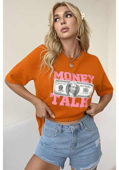 Money Talk Baskılı Unisex Tişört Turuncu