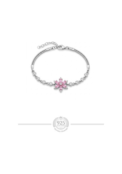 925 Ayar Gümüş Rodyumlu Pembe Kuvars Taşlı Lotus Çiçeği Bileklik St434