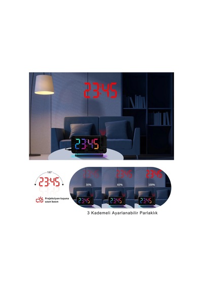 Etashop Rgb Projeksiyonlu Çalar Saat -7ayna Led Dijital Saat Tavana Zaman Yansıtma Usb & Type C Şarj Siyah