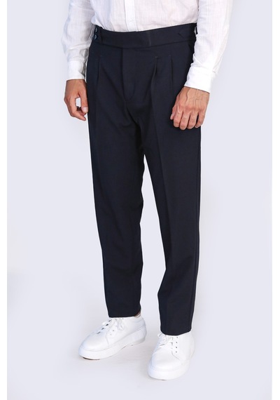 Lacivert Çift Pileli Tokalı Yüksek Bel Slim Fit Pantolon Wessi Lacivert