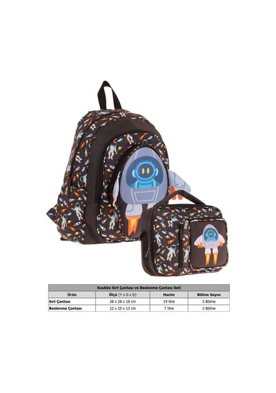 Kaukko Kids 3d Roket Detaylı Okul Çantası L5264 Ve Thermo Beslenme Çantası L7264 Seti - Erkek Çocuk Siyah