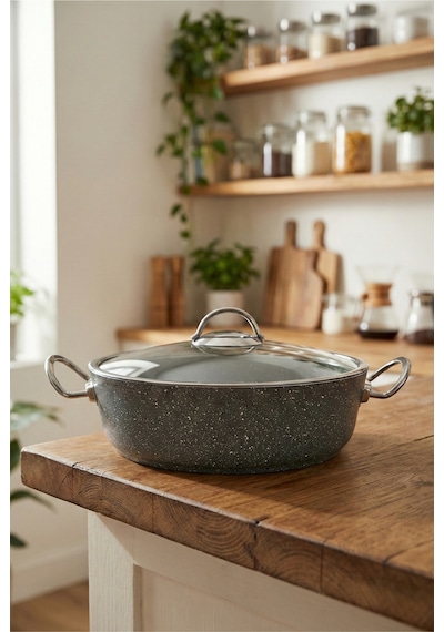 Bonetti Granit Pilav Tenceresi & Karnıyarık Tenceresi Cam Kapaklı, Metal Kulp 26 Cm Gri