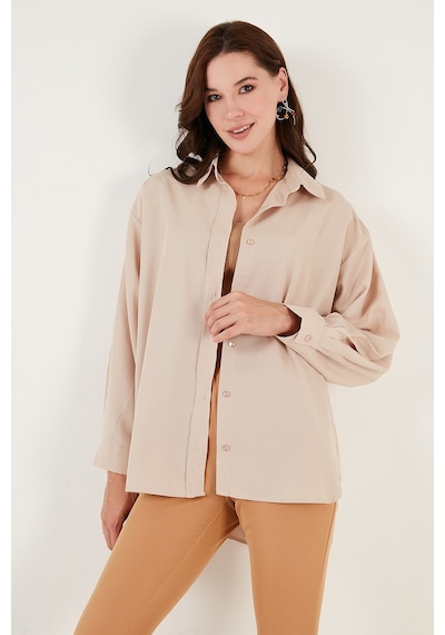 Lela Pamuklu Oversize Dokuma Bayan Gömlek 6234760 Taş