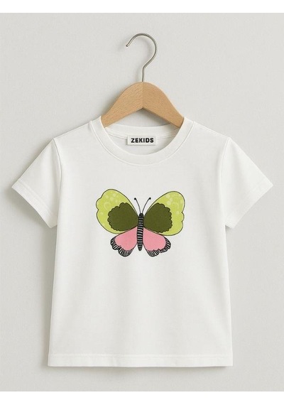 Nk Kids Kız Çocuk Kelebek Desenli T-shirt-15979 Ekru Ysl