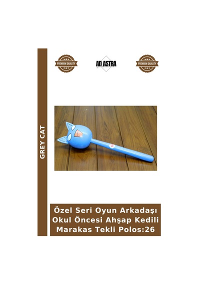 Özel Seri Oyun Arkadaşı Okul Öncesi Ahşap Kedili Marakas Tekli Polos:26
