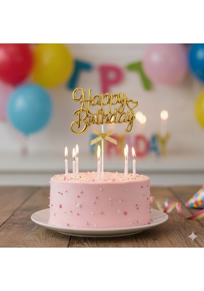 Happy Birthday Pasta Süsü Krom Yazı Kürdanlı Gold Dekoratif Pasta Üstü +3