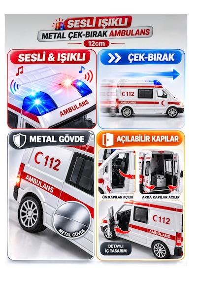 Oyuncak Metal Işıklı Sesli Çek Bırak Özellikli Ön Ve Arka Kapılar Açılır Ambulans-polis-itfaiye-askeri Jandarma Minibüsü 12 Cm Beyaz