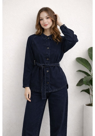 Hiramir Kadın Modern Kesim Kuşaklı Denim Takım Yz2601 Lacivert