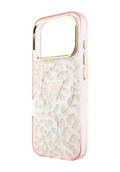 Apple iPhone Uyumlu 18 Pro Max Kılıf Guess Lisanslı M-safeli Üçgen Logolu Simli Leopar Desenli Kapak Pembe