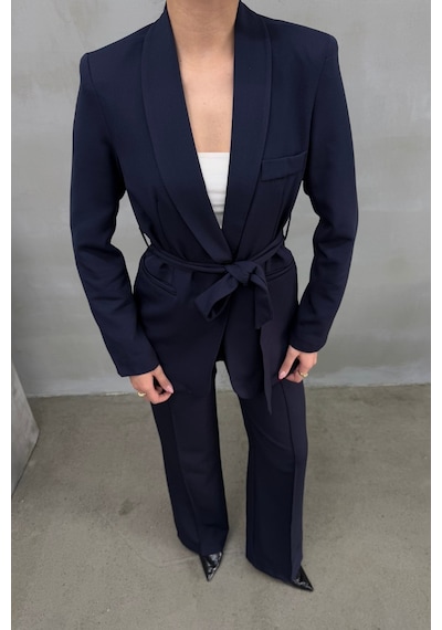 Msm Fashion Kadın İkili Kuşaklı Blazer Ceket Pantolon Takım Lacivert