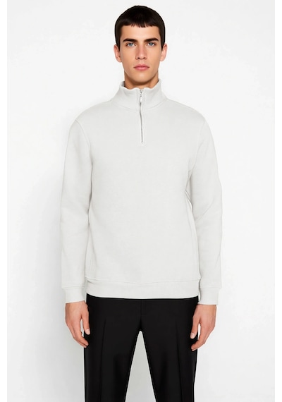 Benerly Erkek Dik Yaka Fermuarlı Standart Kol Regular Kalıp Sweatshirt Fo Ekru