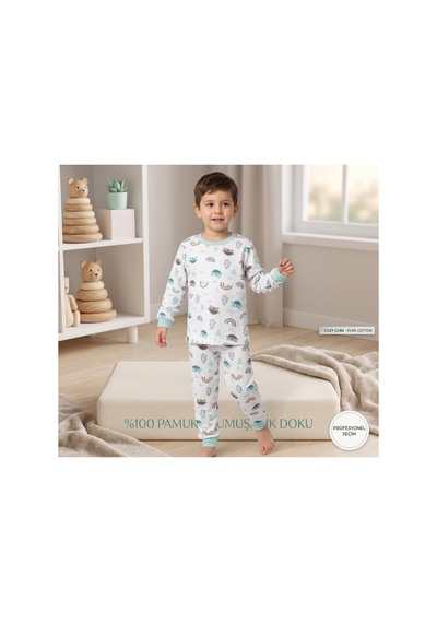 Deniva Kids Erkek Çocuk %100 Pamuklu Sevimli Hayvan Desenli Uzun Kollu Pijama Takımı Ekru
