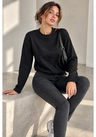Bb Butik Basic Ön Dikiş Detaylı Basic Sweatshirt Günlük Rahat Kesim My3535 siyah
